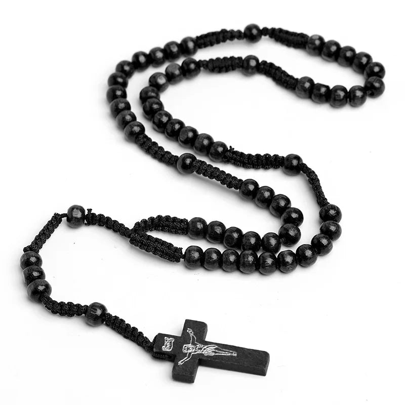 Collier Chapelet en Bois Naturel – Croix de Jésus Tressée à la Main | Bijou Religieux Catholique Unisexe