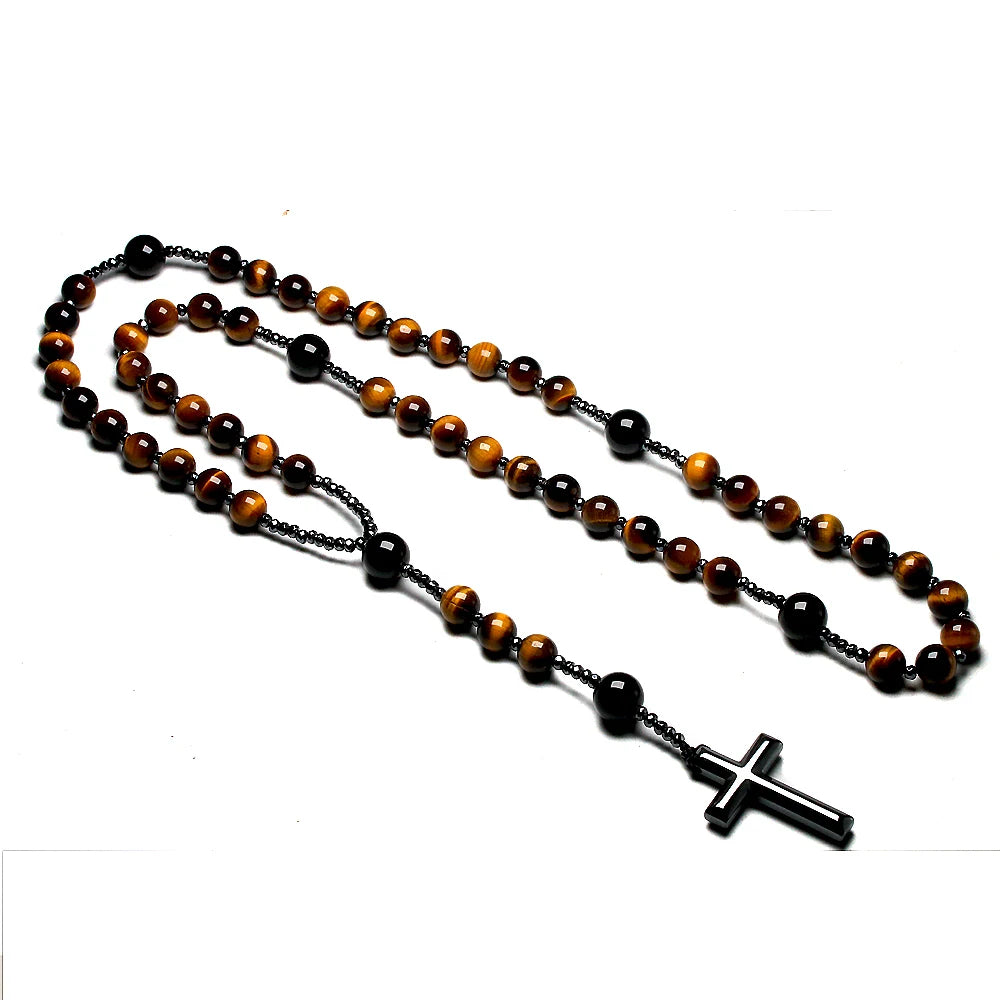 Collier Rosaire Catholique en Œil de Tigre Naturel avec Croix en Hématite