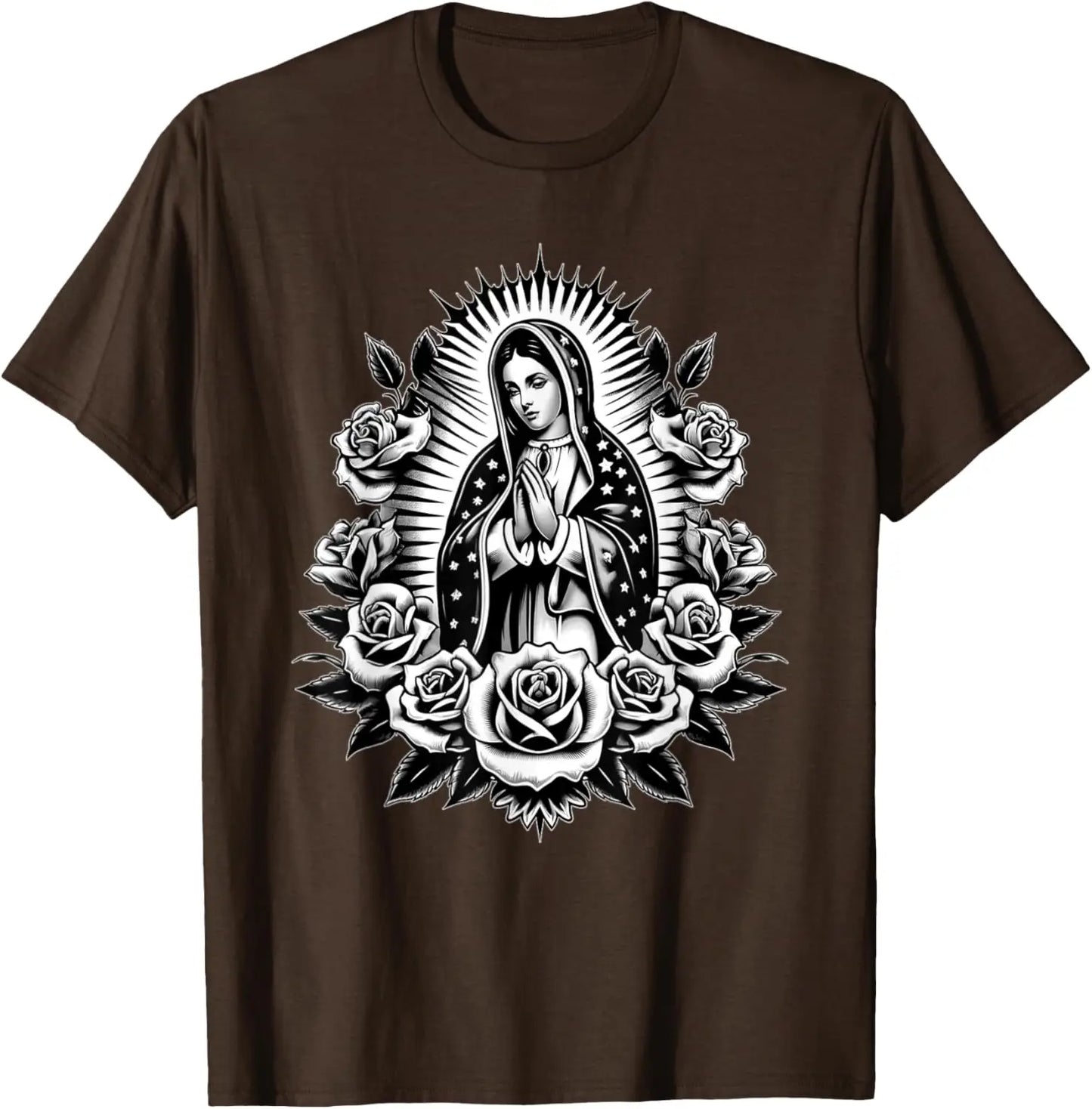 T-shirt Vierge de Guadalupe et roses – imprimé catholique floral pour homme