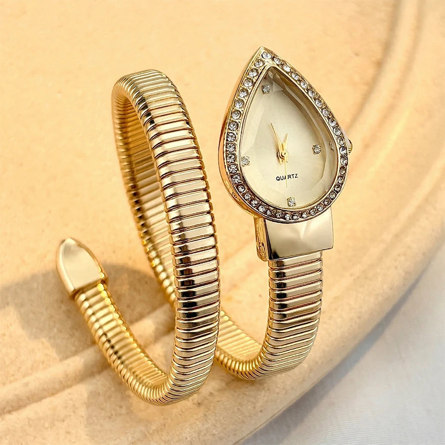 Women's Quartz Water-Drop Watch – Gold or Silver Snake Bracelet
