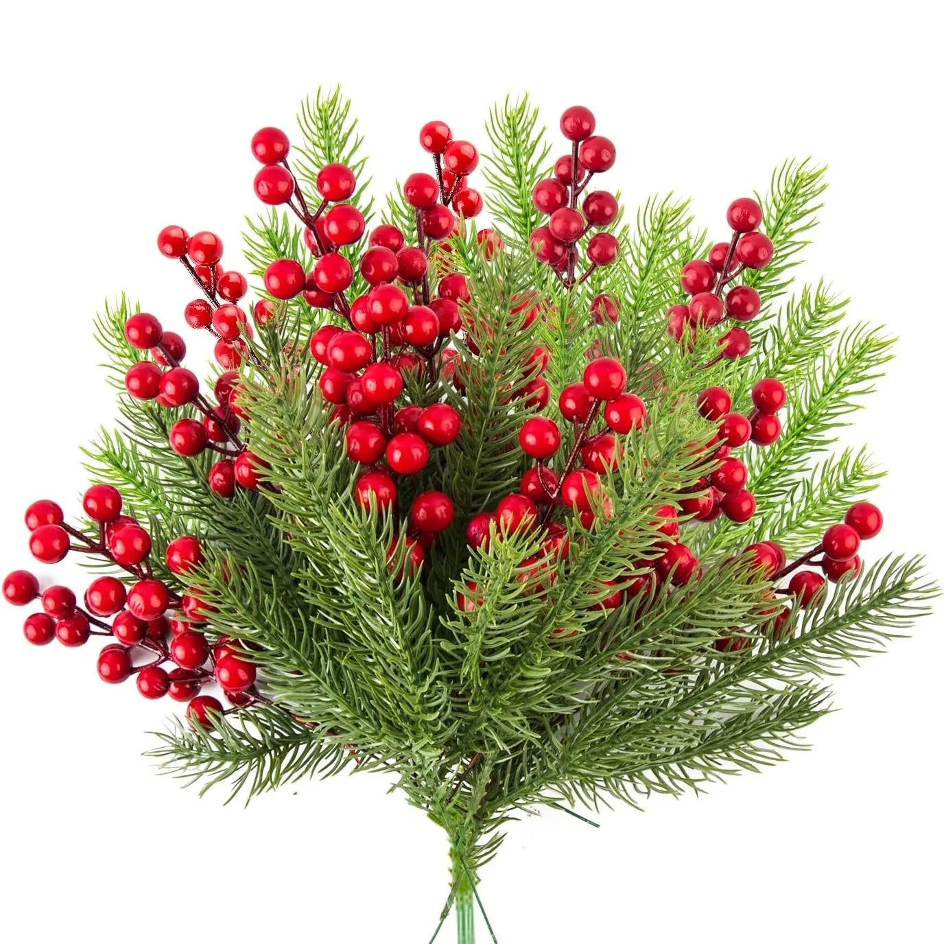 Lot de 10 Branches de Pin Artificielles avec Baies Rouges – Décoration de Noël, Guirlande et Sapin