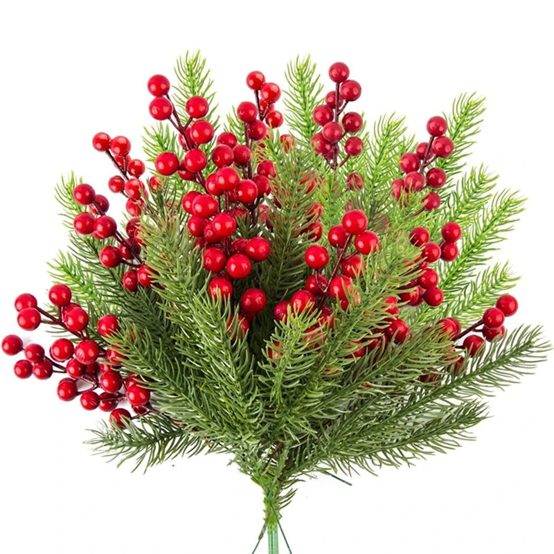 Lot de 10 Branches de Pin Artificielles avec Baies Rouges – Décoration de Noël, Guirlande et Sapin