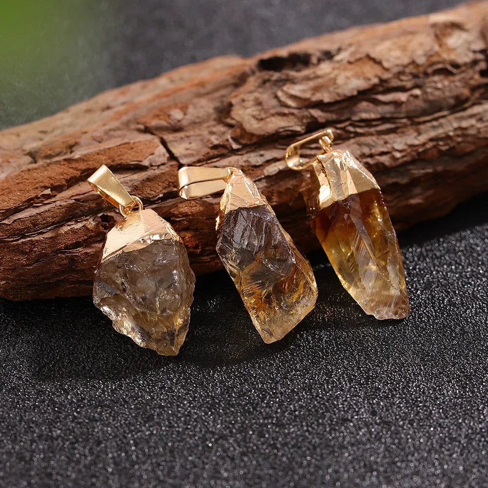 Pendentif en Citrine Naturelle Brute – Pierre de Chakra avec Capuchon Doré, Bijou Spirituel Énergétique