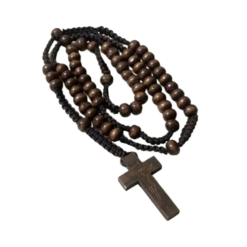 Collier chapelet en perles de bois avec croix – décoration religieuse