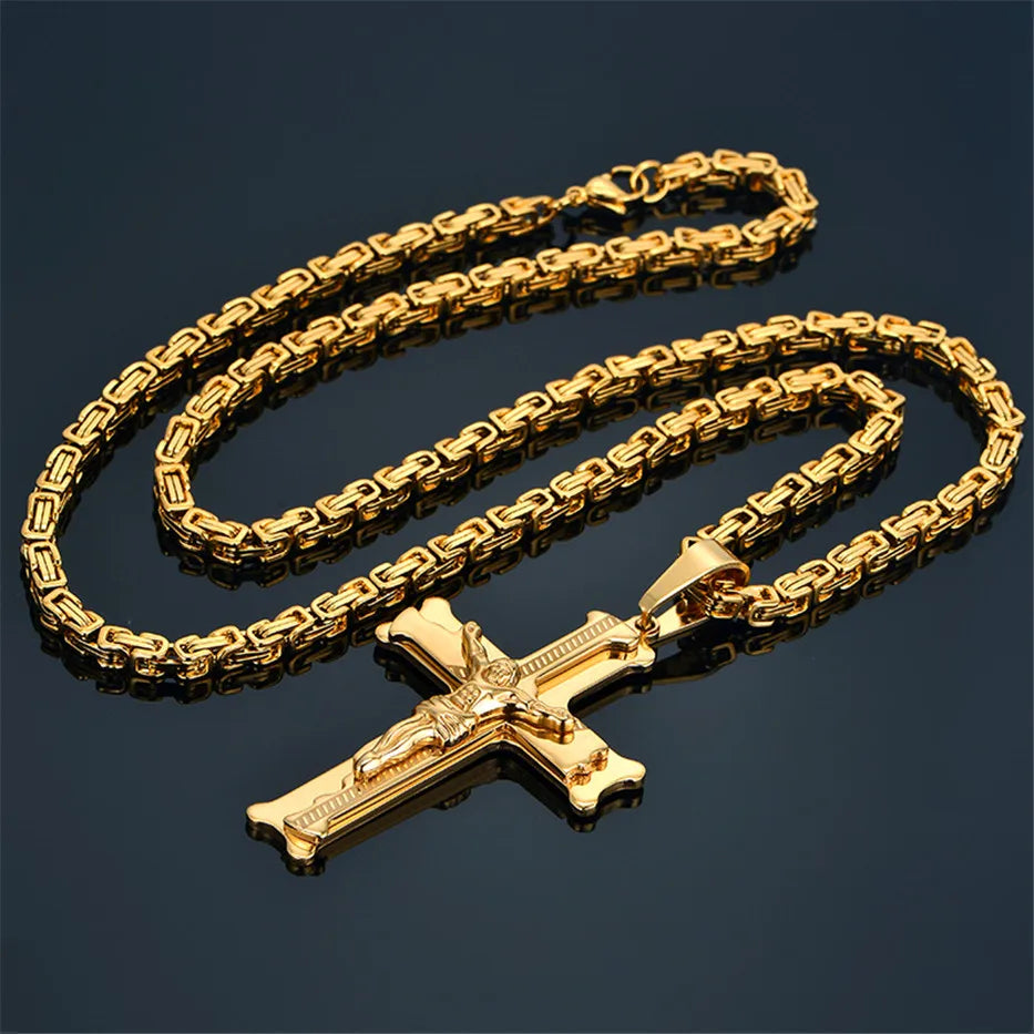 Collar largo bizantino con cruz en acero inoxidable – joya cristiana para hombre
