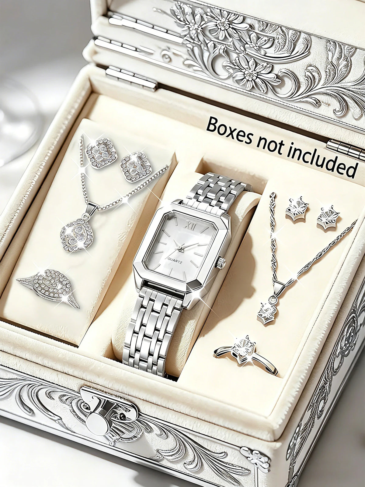 Coffret Montre Femme à Quartz & Bijoux Assortis – Doré ou Argenté