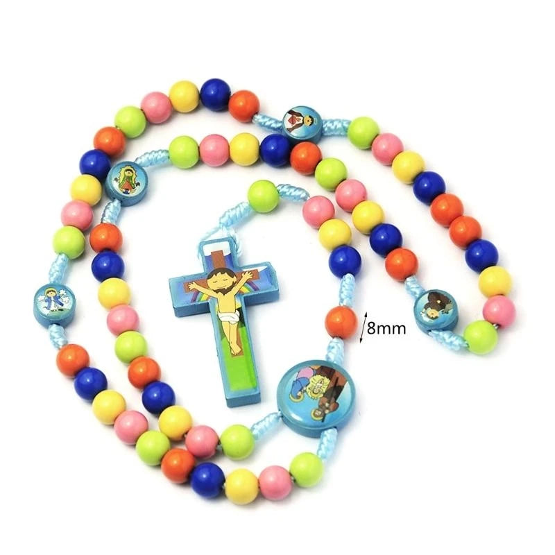 Chapelet Collier Enfant Jésus Cartoon – Pendentif Croix Catholique en Perles Colorées