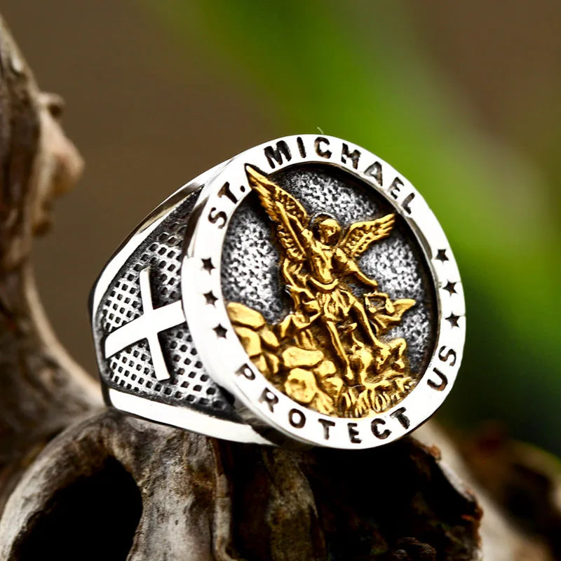 Bague Saint Michel en acier inoxydable 316L – bijou religieux pour homme