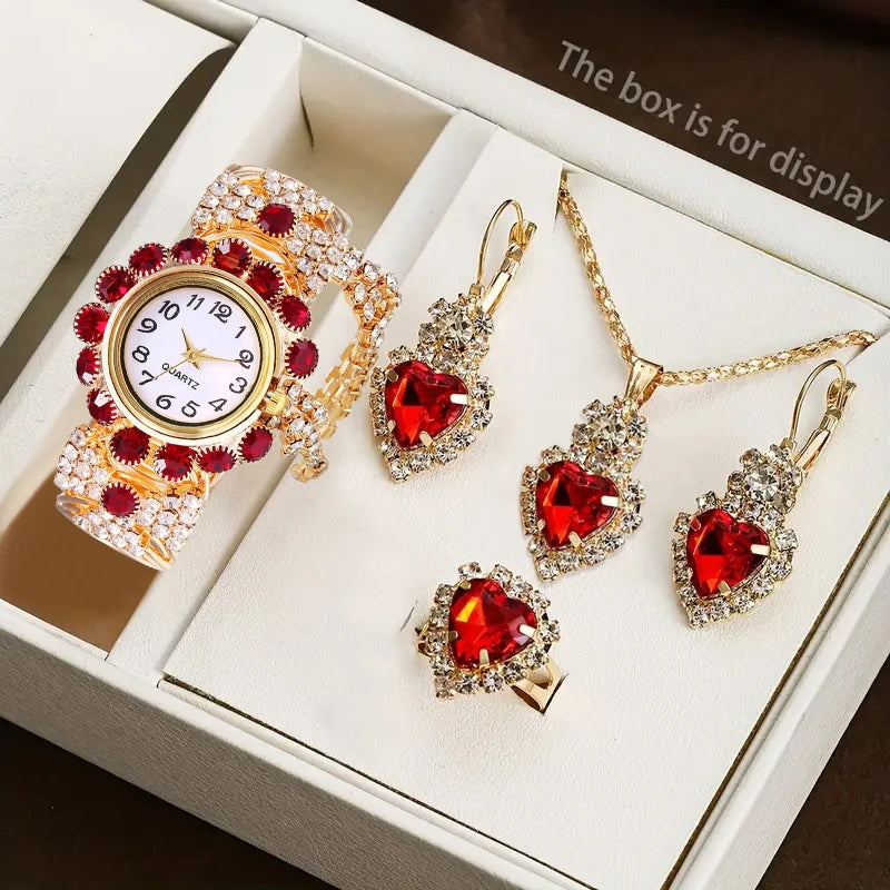 Coffret Montre Femme Strass 5 Pièces – Montre Quartz & Bijoux