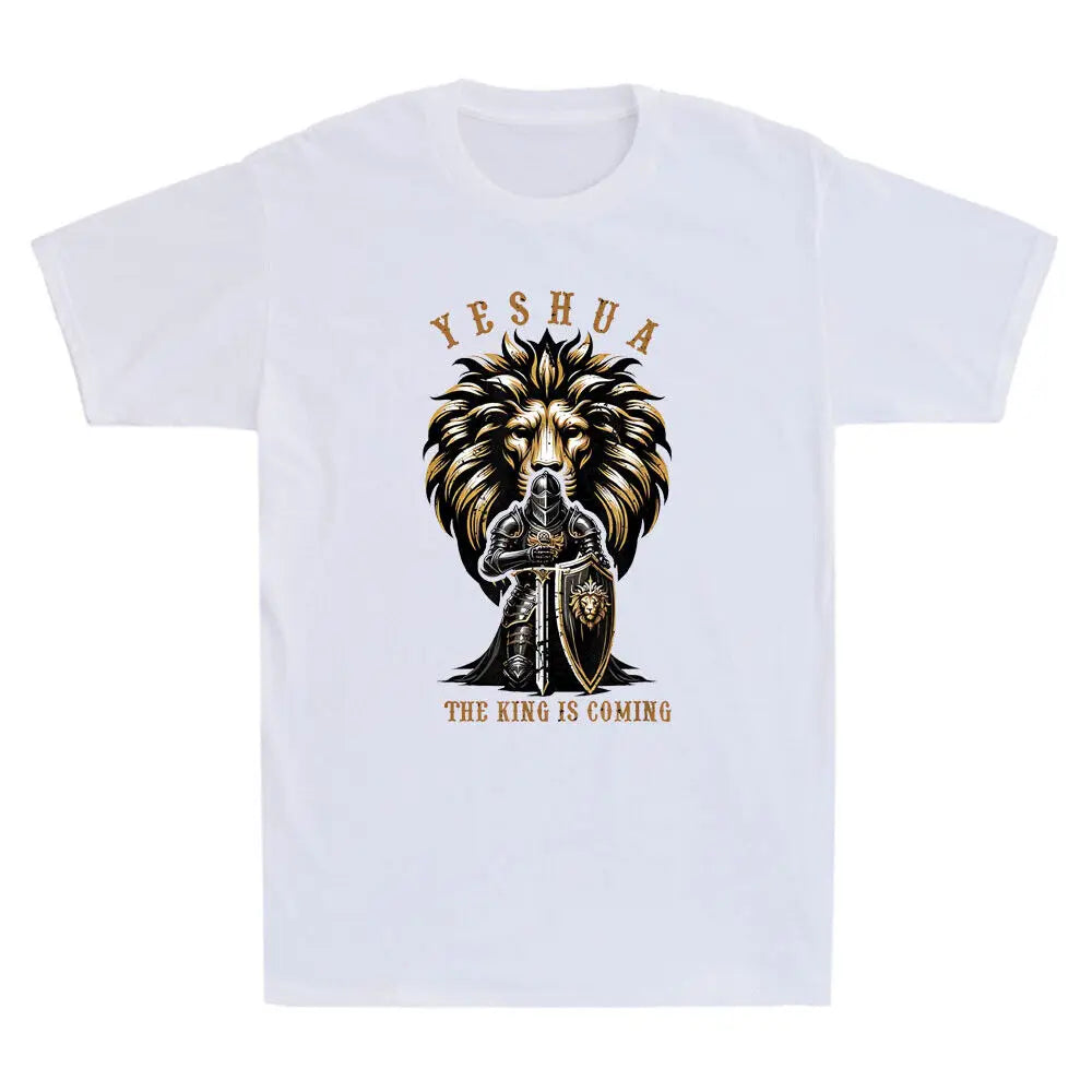T-shirt chrétien Yeshua le Roi revient – lion et guerrier, modèle homme/femme