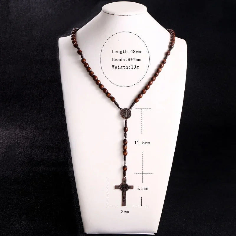 Wooden rosary bead necklace with Jesus cross - Orthodox religious jewelry