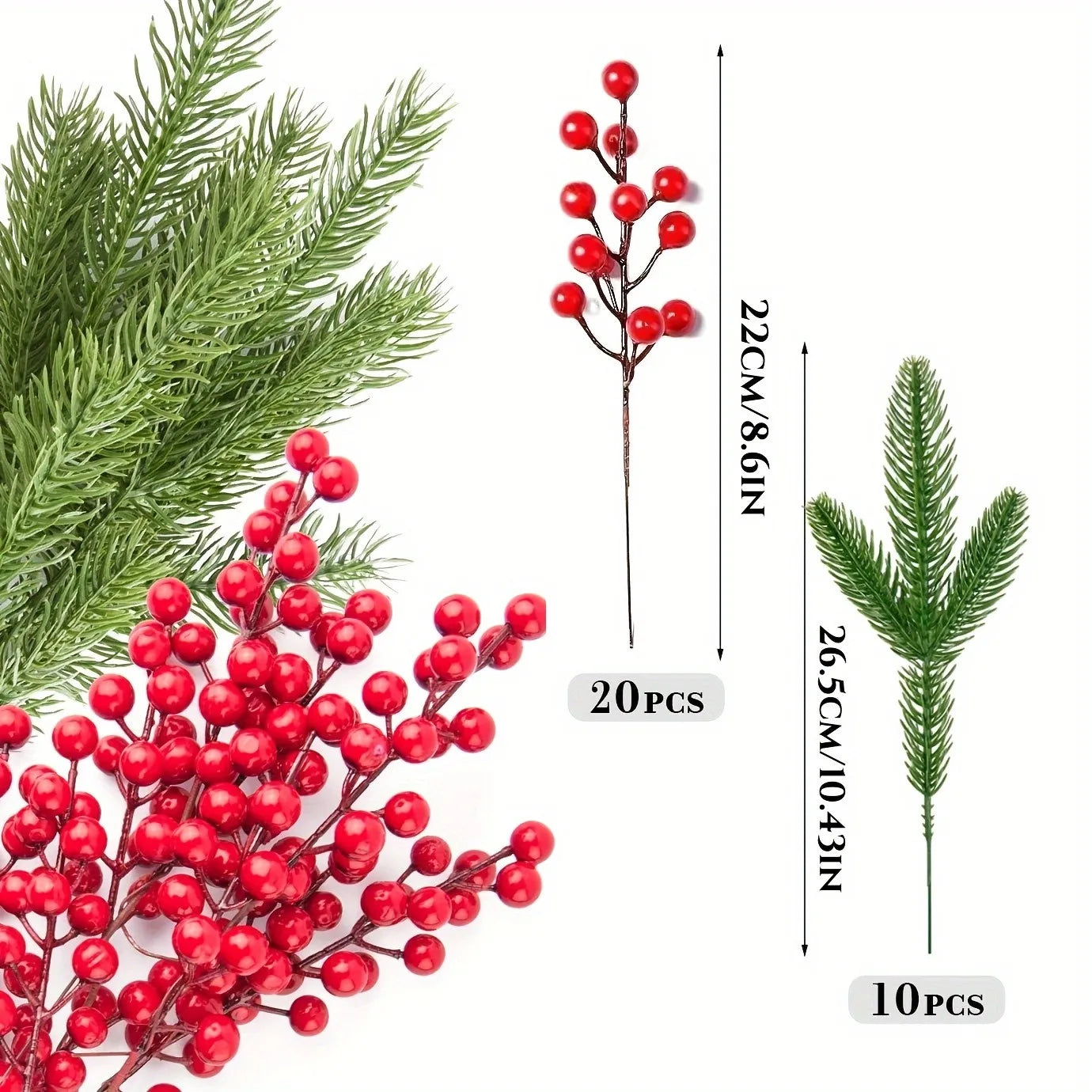 Lot de 10 Branches de Pin Artificielles avec Baies Rouges – Décoration de Noël, Guirlande et Sapin
