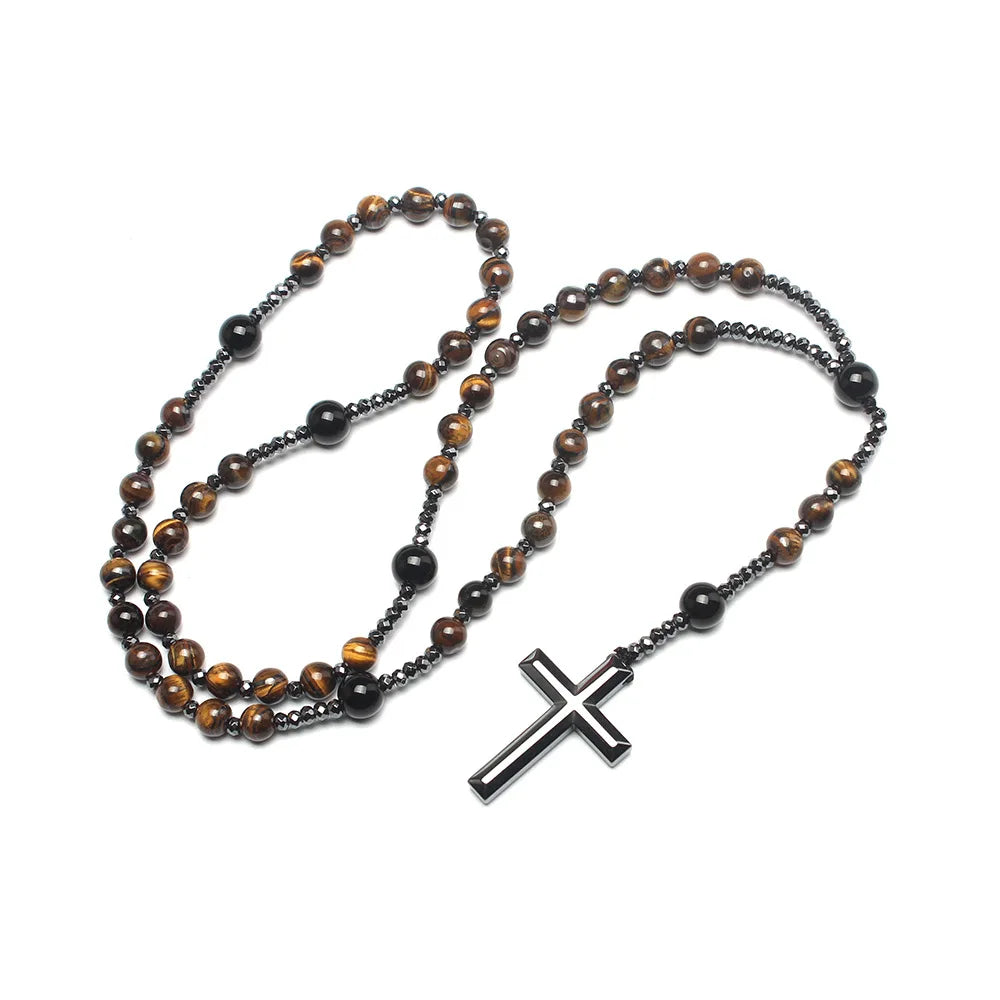 Collier chapelet œil-de-tigre et hématite avec croix – bijou religieux unisexe