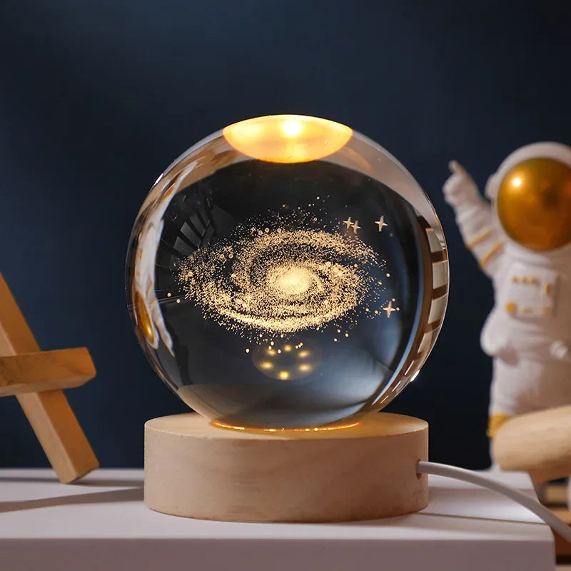 Lampe Boule de Cristal LED Galaxie 3D – Lune & Planètes – Veilleuse USB Décorative