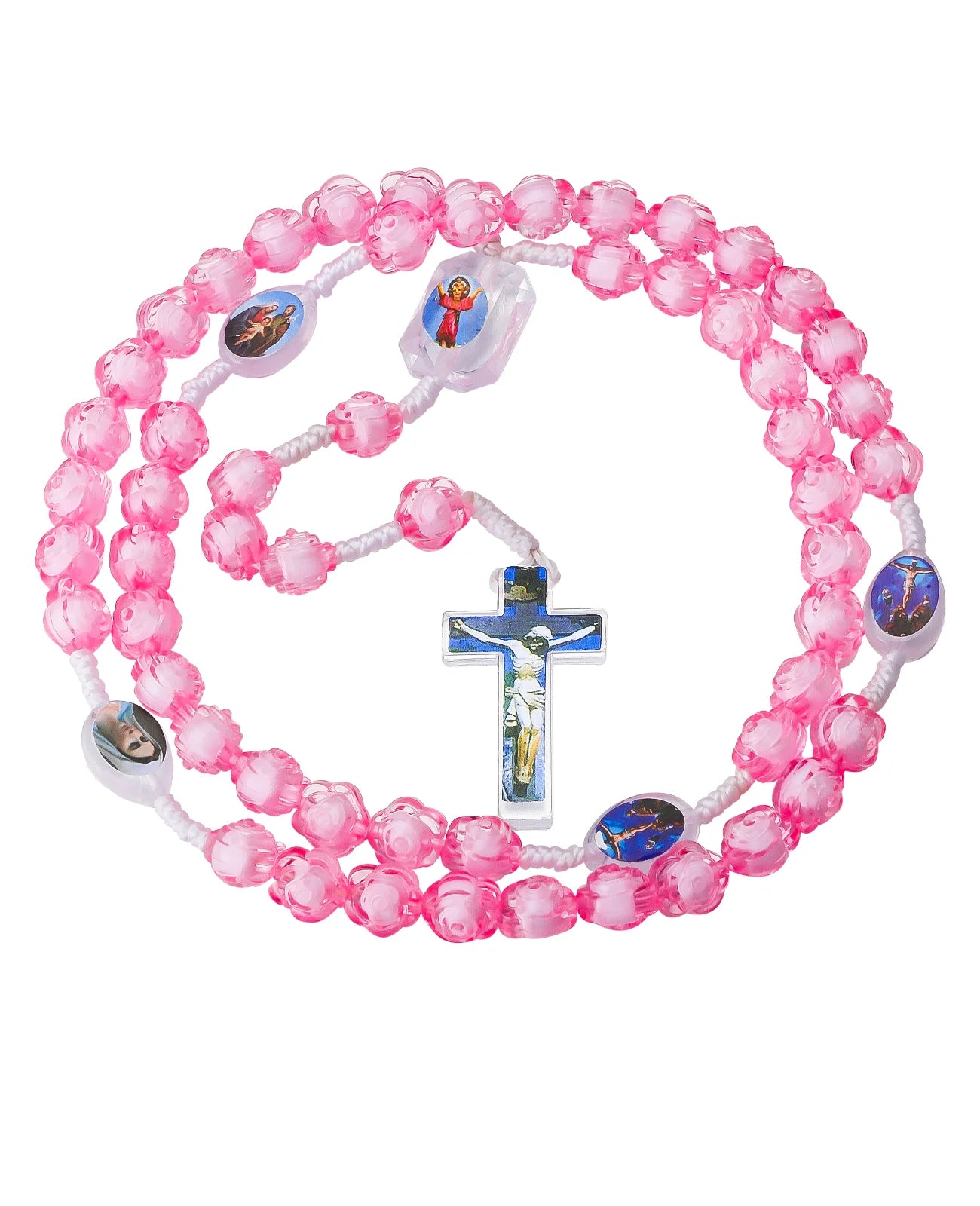 Collier Rosaire Chrétien en Perles Acryliques Colorées avec Pendentif Croix