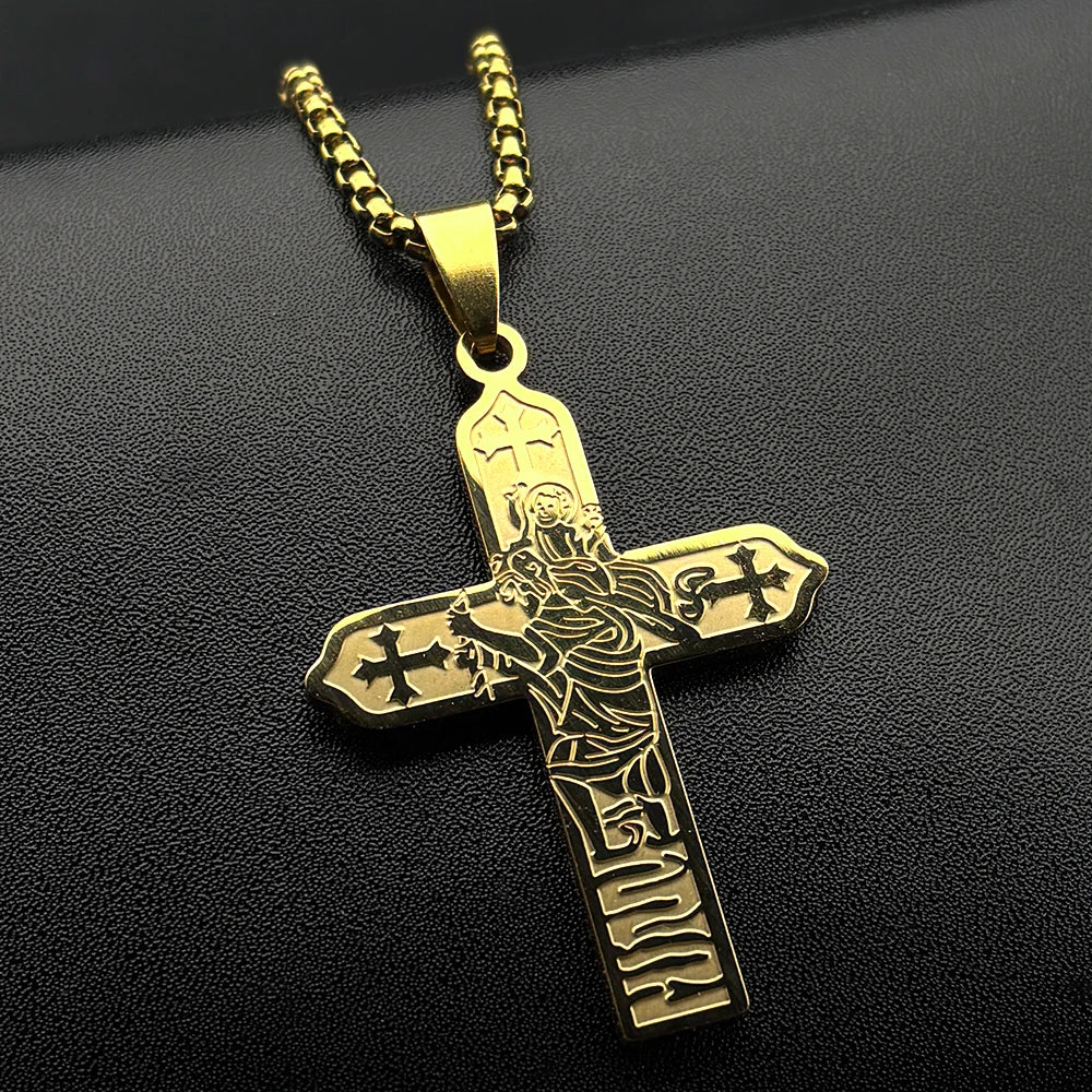 Collier icône Vierge Marie et Enfant Jésus avec croix – bijou catholique unisexe