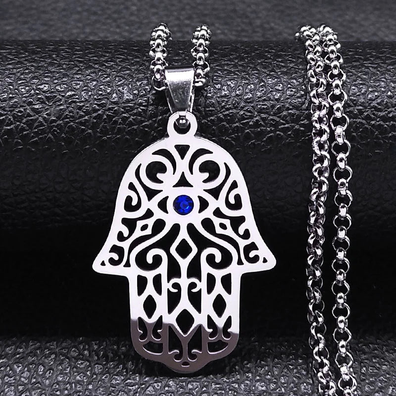Stainless Steel Hamsa Hand Necklace – Unisex Islamic Pendant