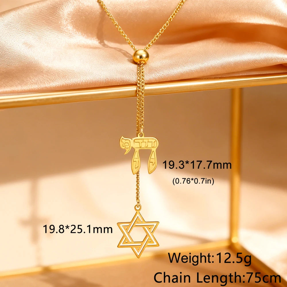 Long Star of David and Chai Pendant Necklace – Stainless Steel Jewish Jewelry