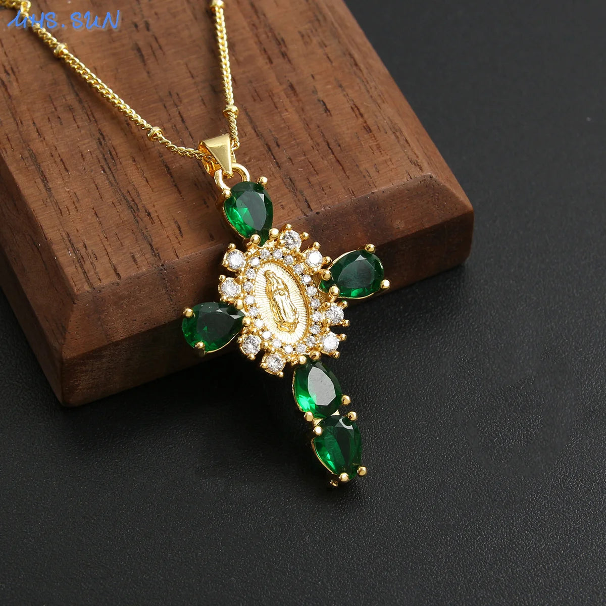 Virgin of Guadalupe Cross Necklace with Zircon – Unisex Catholic Jewelry