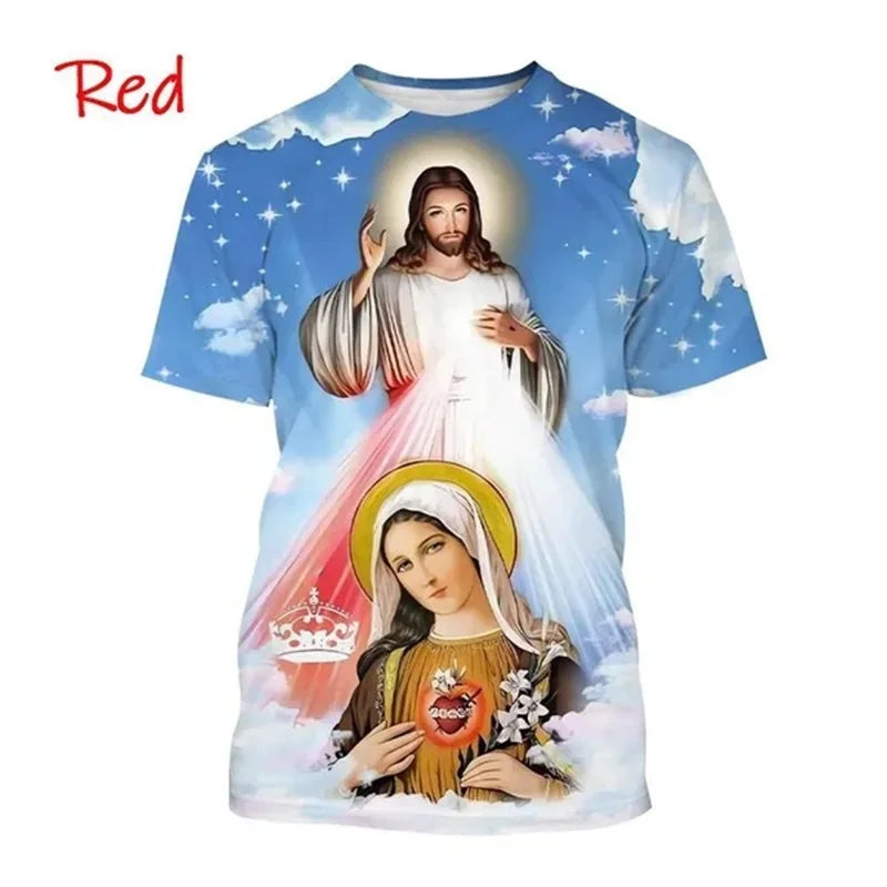 T-Shirt Vierge Marie & Jésus – Impression 3D, Unisexe, Oversize