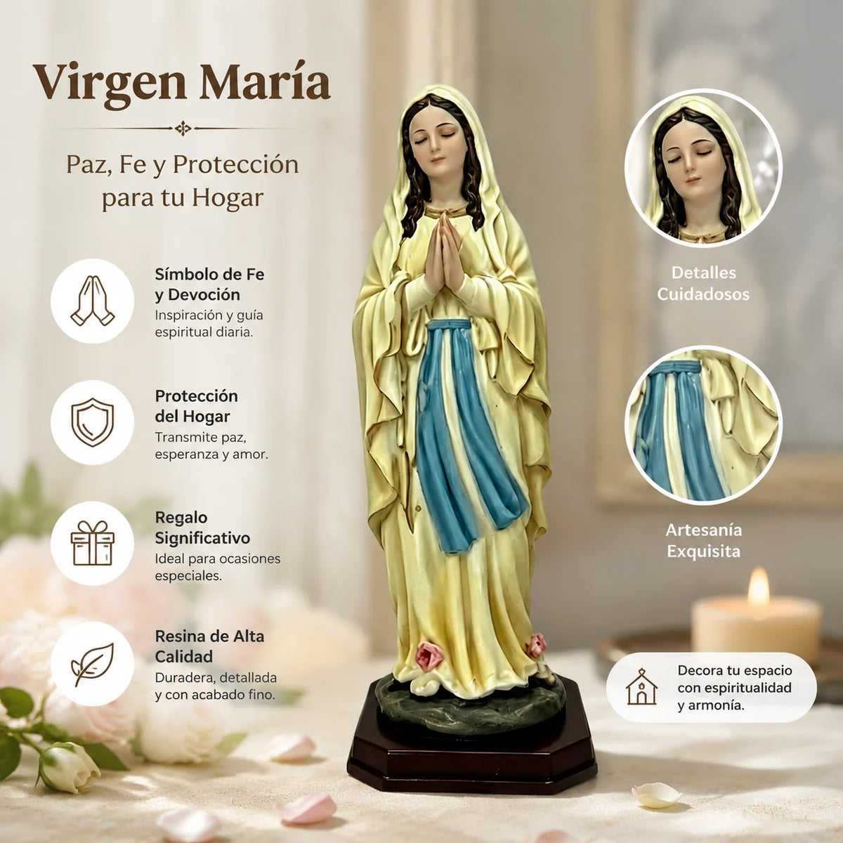 Statue Vierge Marie 21 cm en Résine Peinte – Décoration Catholique