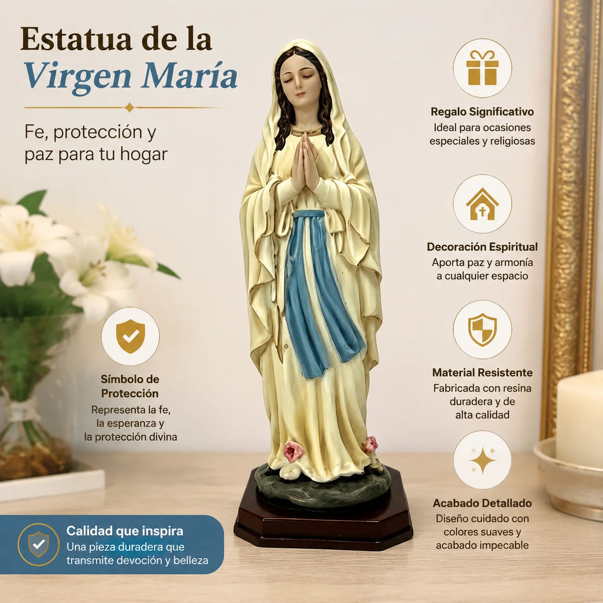 Statue Vierge Marie 21 cm en Résine Peinte – Décoration Catholique