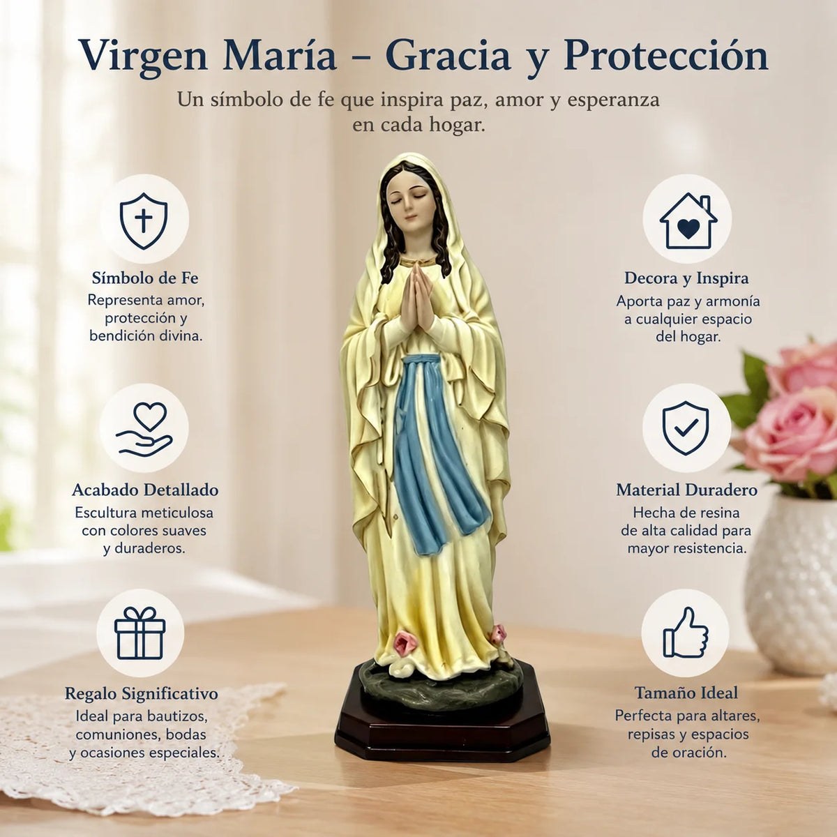 Statue Vierge Marie 21 cm en Résine Peinte – Décoration Catholique