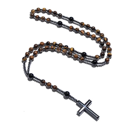 Collier Chapelet en Oeil de Tigre & Agate Noire – Croix Hématite pour Méditation & Foi
