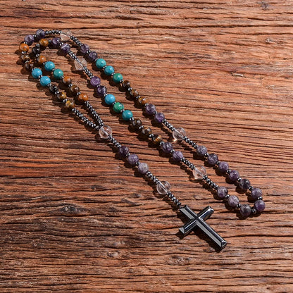 Chapelet Améthyste & Oeil de Tigre – Collier Spirituel avec Croix Hématite