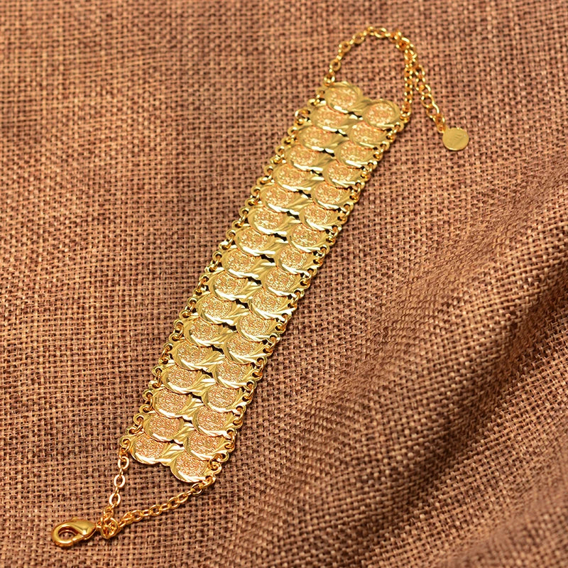 Bracelet / jonc couleur or avec pièces de monnaie pour femmes et hommes, bijou islamique musulman arabe, style Moyen-Orient, cadeau africain.