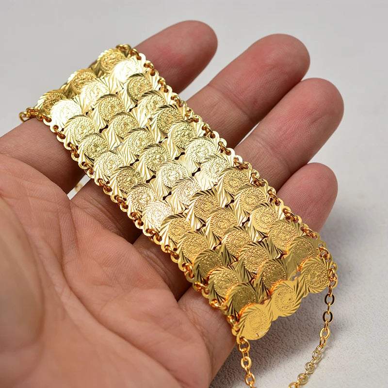 Bracelet / jonc couleur or avec pièces de monnaie pour femmes et hommes, bijou islamique musulman arabe, style Moyen-Orient, cadeau africain.