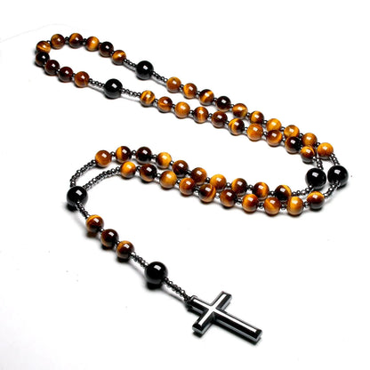 Collier Rosaire Catholique en Œil de Tigre Naturel avec Croix en Hématite
