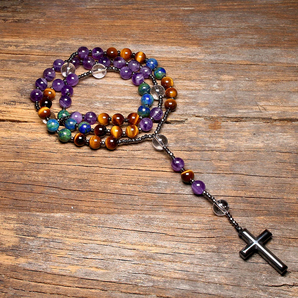 Collier Rosaire Catholique en Améthyste Naturelle avec Œil de Tigre et Croix en Hématite