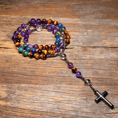 Collier Rosaire Catholique en Améthyste Naturelle avec Œil de Tigre et Croix en Hématite