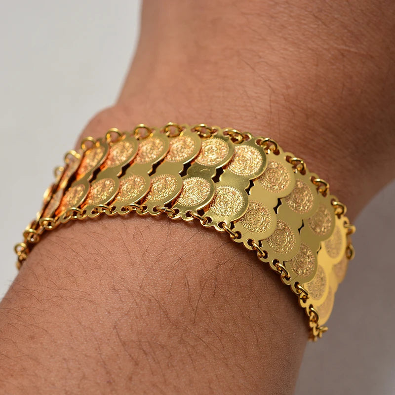 Bracelet / jonc couleur or avec pièces de monnaie pour femmes et hommes, bijou islamique musulman arabe, style Moyen-Orient, cadeau africain.