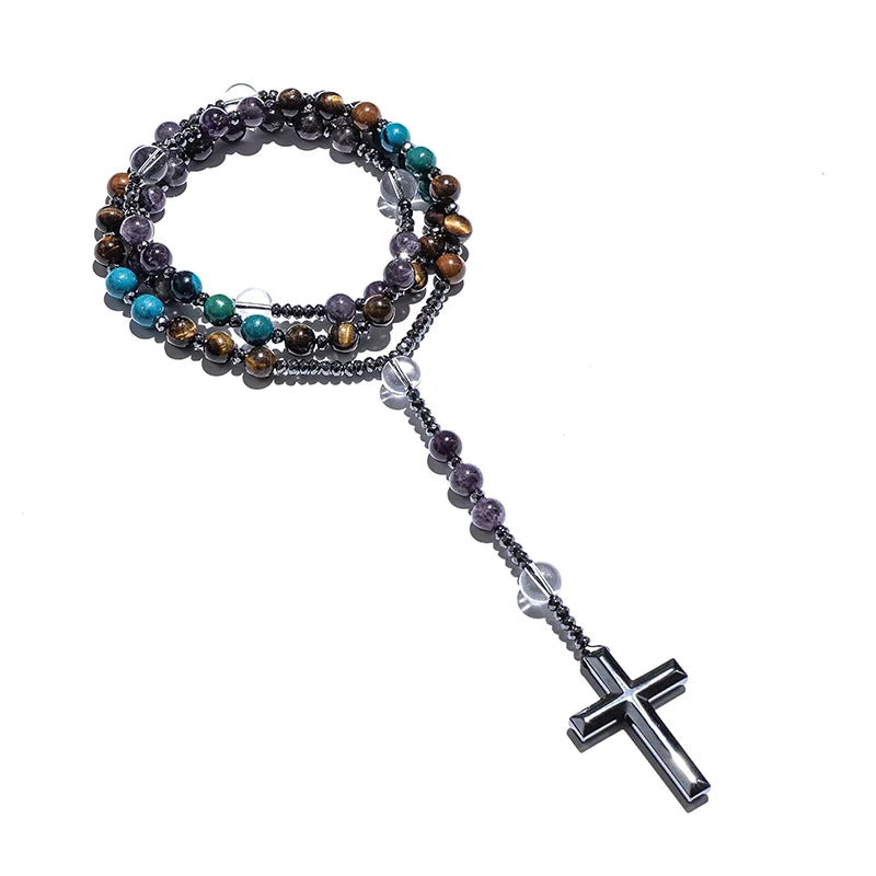 Chapelet Améthyste & Oeil de Tigre – Collier Spirituel avec Croix Hématite