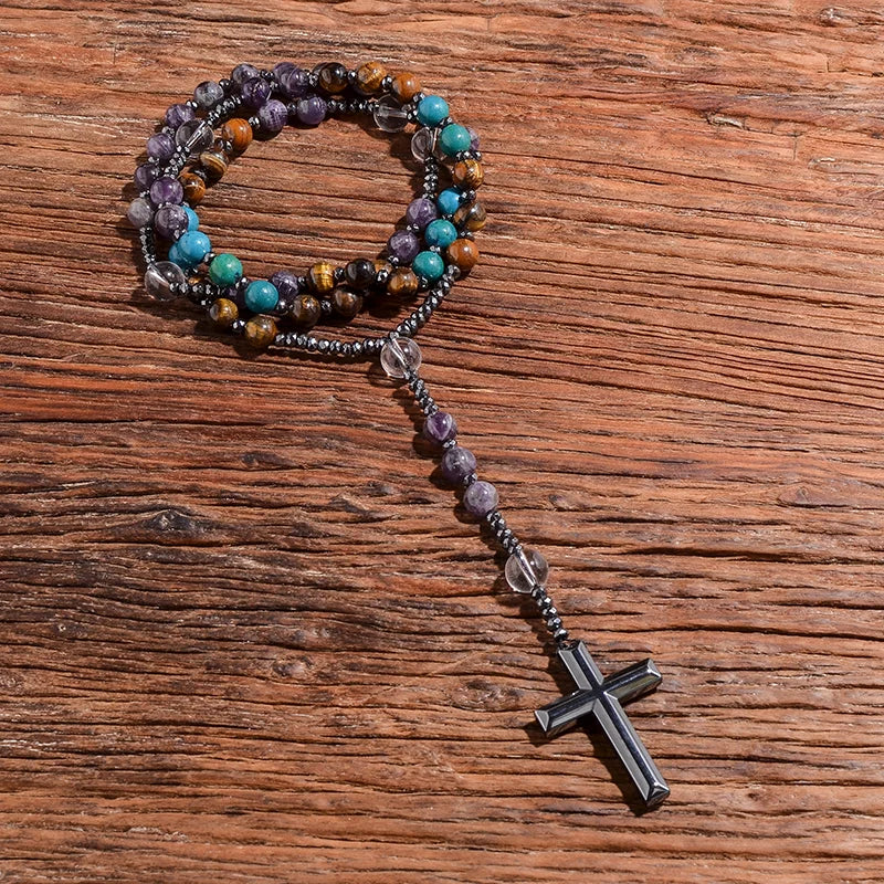 Chapelet Améthyste & Oeil de Tigre – Collier Spirituel avec Croix Hématite