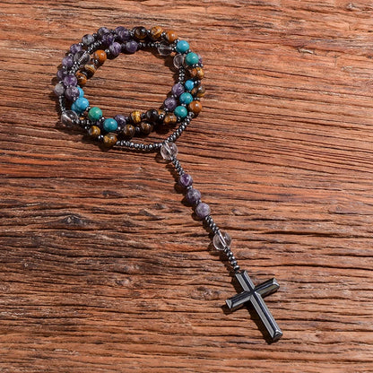 Chapelet Améthyste & Oeil de Tigre – Collier Spirituel avec Croix Hématite