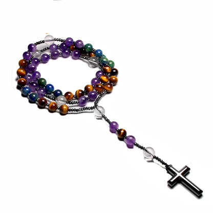 Collier Rosaire Catholique en Améthyste Naturelle avec Œil de Tigre et Croix en Hématite