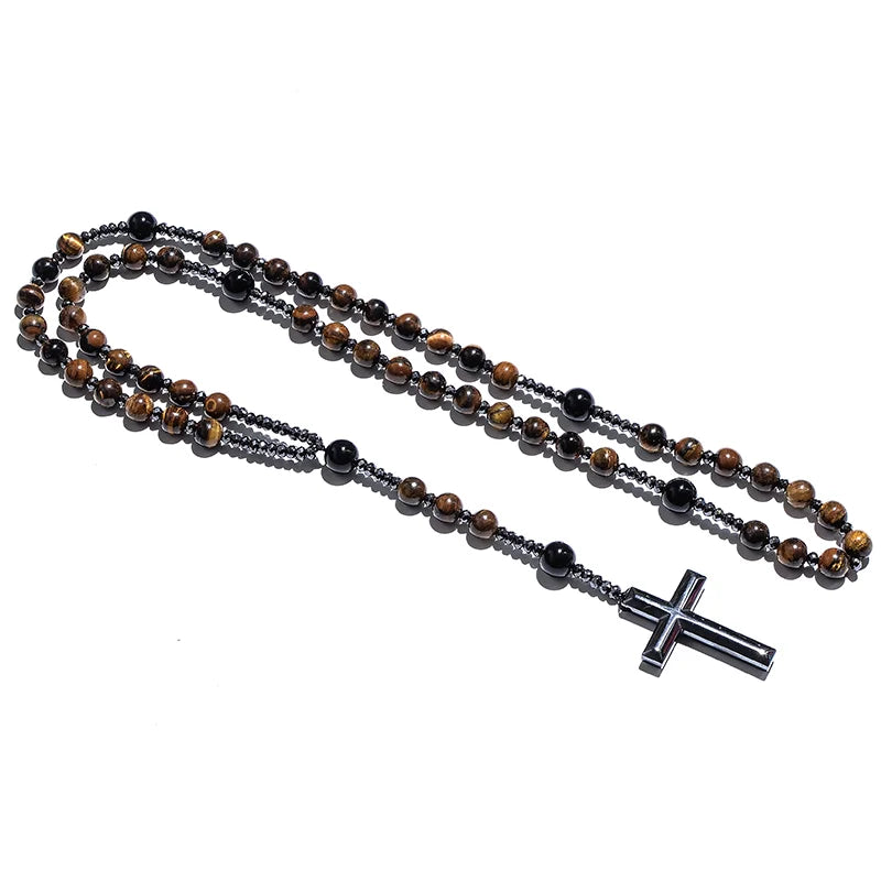Collier Chapelet en Oeil de Tigre & Agate Noire – Croix Hématite pour Méditation & Foi