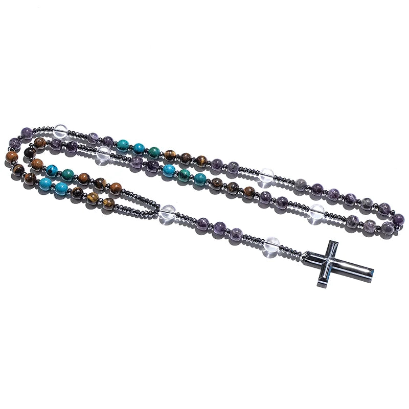 Chapelet Améthyste & Oeil de Tigre – Collier Spirituel avec Croix Hématite