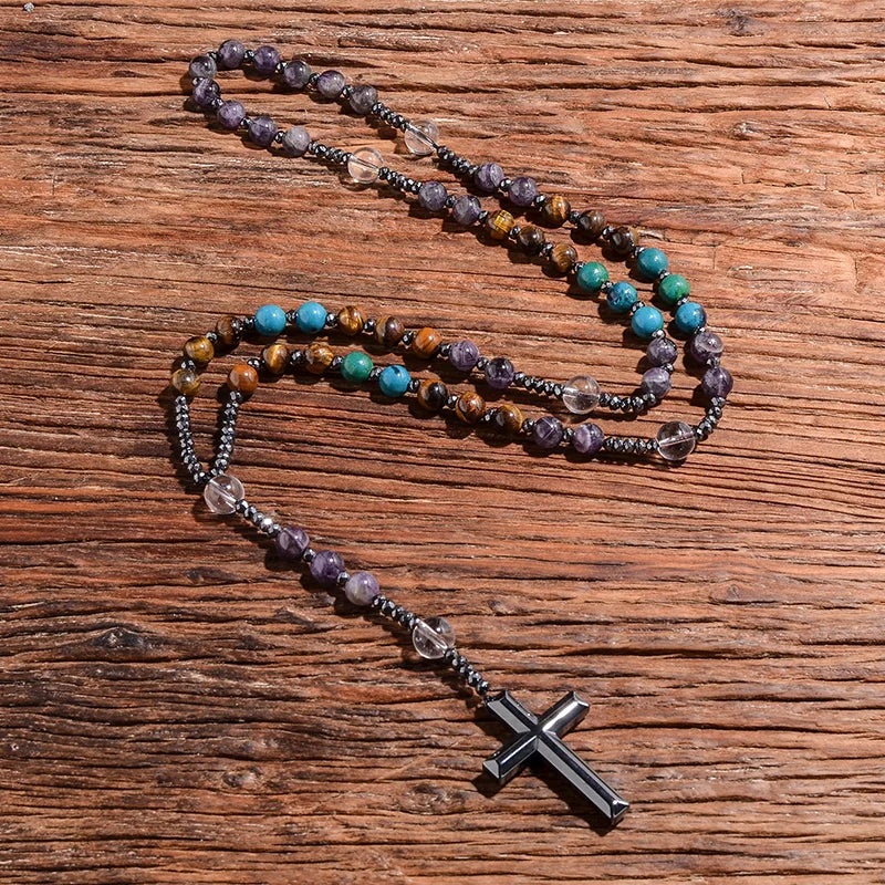 Chapelet Améthyste & Oeil de Tigre – Collier Spirituel avec Croix Hématite
