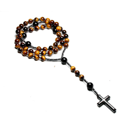 Collier Rosaire Catholique en Œil de Tigre Naturel avec Croix en Hématite