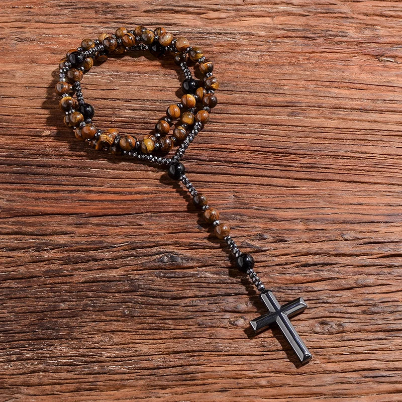 Collier Chapelet en Oeil de Tigre & Agate Noire – Croix Hématite pour Méditation & Foi