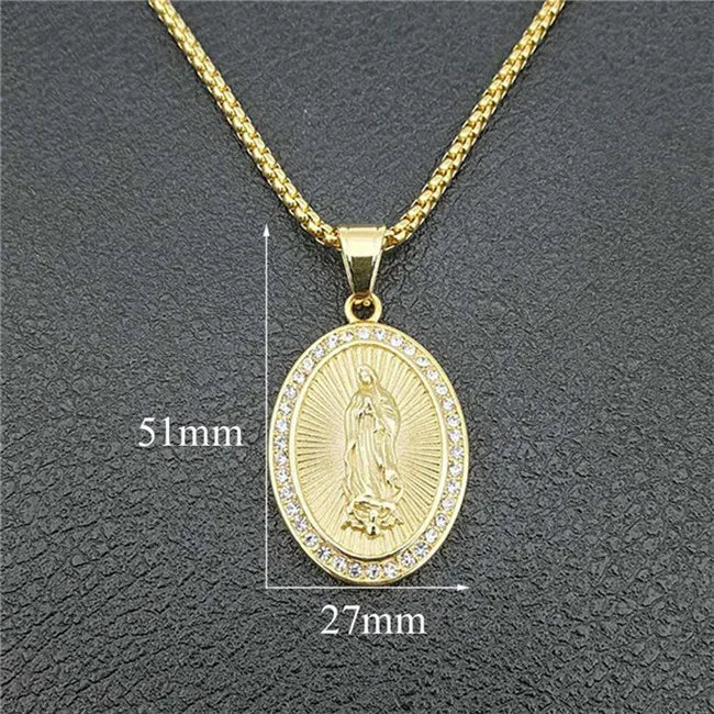 Grand collier pendentif Vierge Marie doré – bijou religieux unisexe