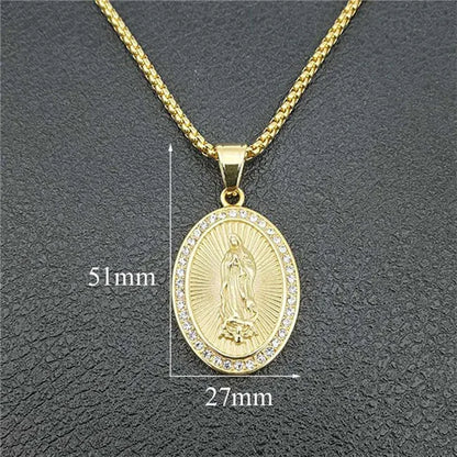 Grand collier pendentif Vierge Marie doré – bijou religieux unisexe