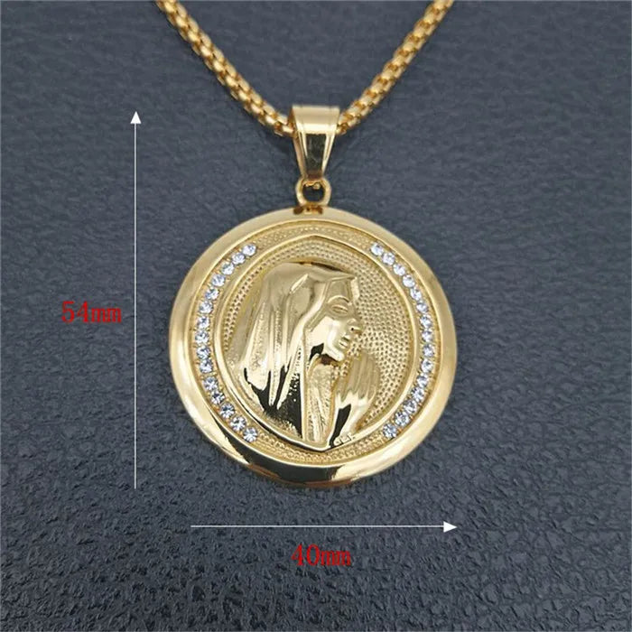 Grand collier pendentif Vierge Marie doré – bijou religieux unisexe