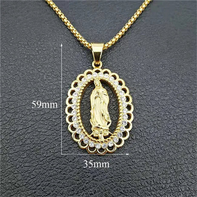 Grand collier pendentif Vierge Marie doré – bijou religieux unisexe