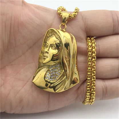 Grand collier pendentif Vierge Marie doré – bijou religieux unisexe
