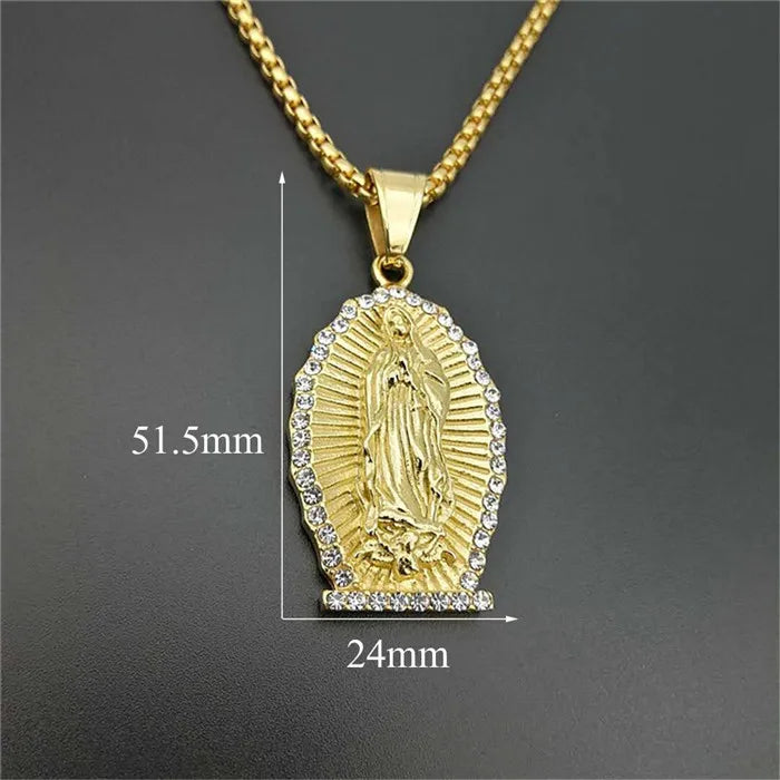 Grand collier pendentif Vierge Marie doré – bijou religieux unisexe